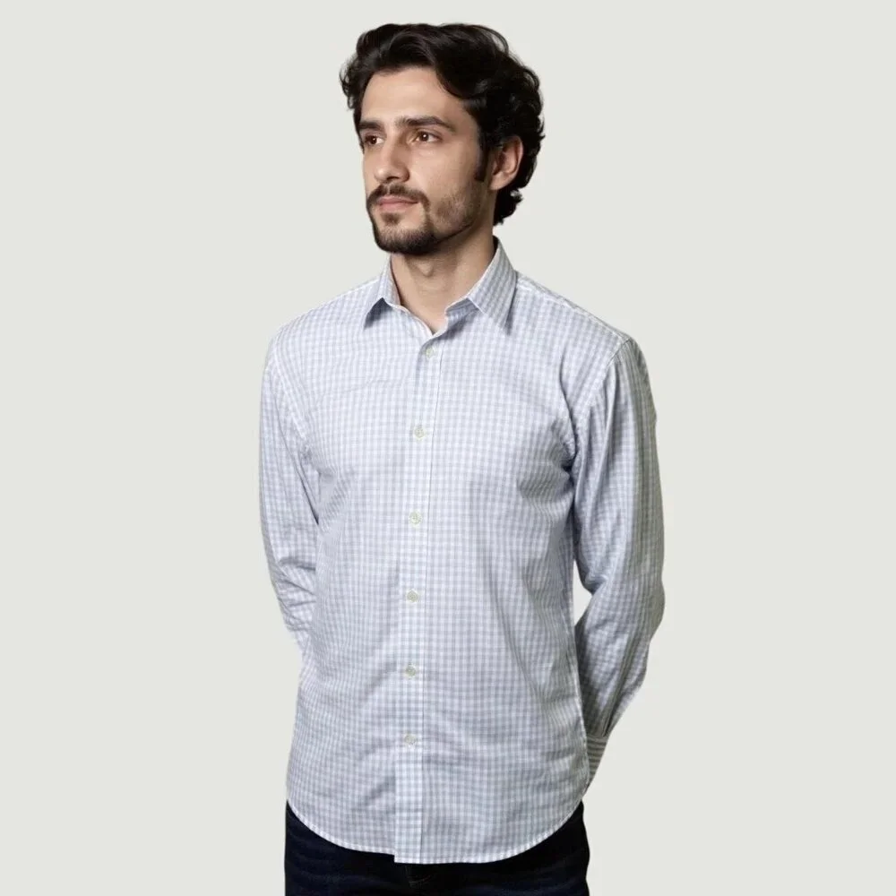 Banana Republic Men's L Slim Fit Stretch Poplin Shirt Blue Checkered  G1859